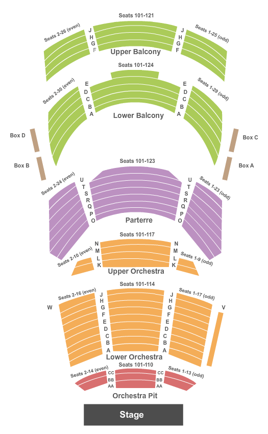 Performance Hall At Bicknell Family Center for the Arts Endstage with Pit Seating Chart